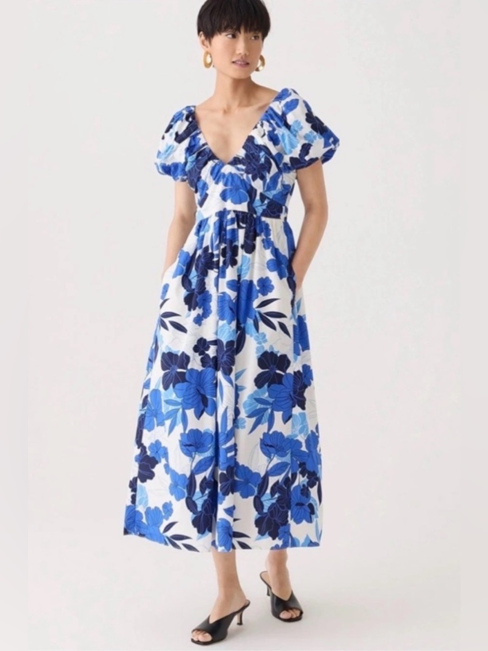 J.Crew Cecily Dress Painted Floral Print Blue Puff Sleeve Maxi Size 12 - Picture 12 of 14